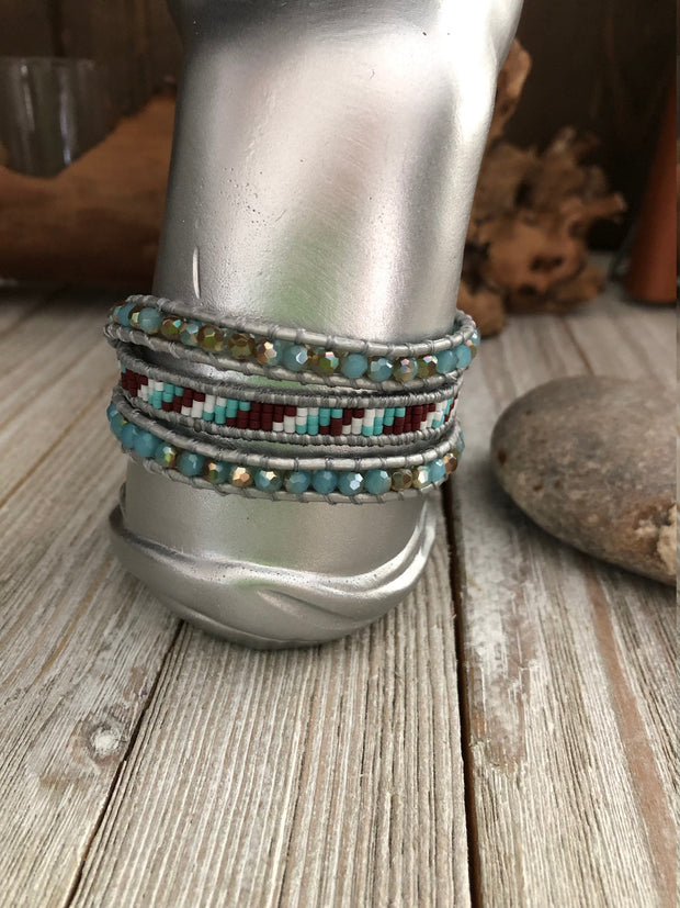Japanese seed bead, crystal beads 3 wrap leather bracelet, Boho wrap bracelet, Yoga meditation bracelet, Bohemian Bracelet