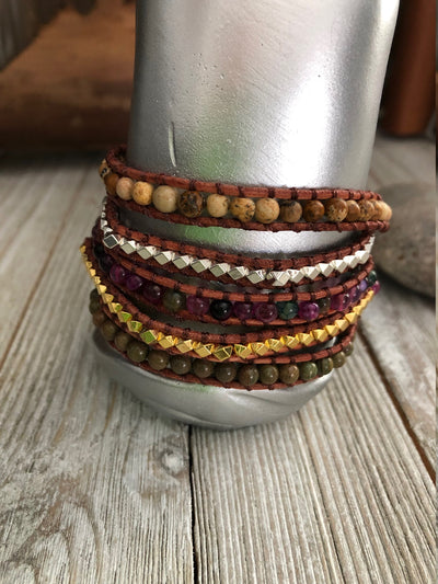 Five wrap leather bracelet Jasper And Mix Natural stones,  Boho wrap bracelet, Yoga meditation bracelet, Bohemian Bracelet