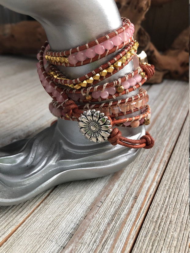 Rose quartz Five wrap leather bracelet, Boho wrap bracelet, Yoga meditation bracelet, Bohemian Bracelet