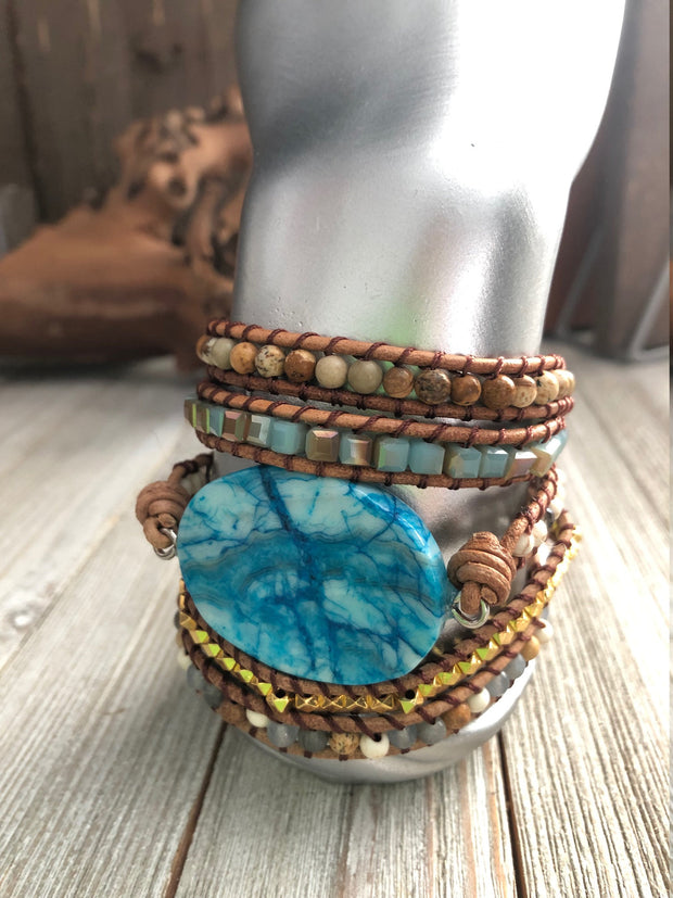 Five wrap leather bracelet Aquamarine semi precious stones,  Boho wrap bracelet, Yoga meditation bracelet, Bohemian Bracelet