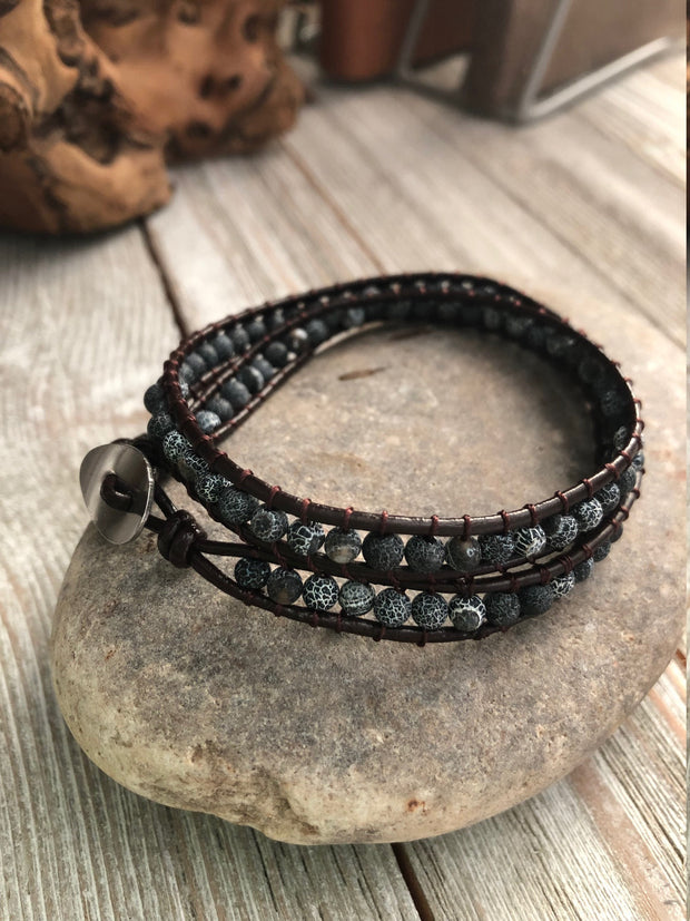 Pumice Lava stone double wrap leather bracelet,  Boho wrap bracelet, Yoga meditation bracelet, Bohemian Bracelet