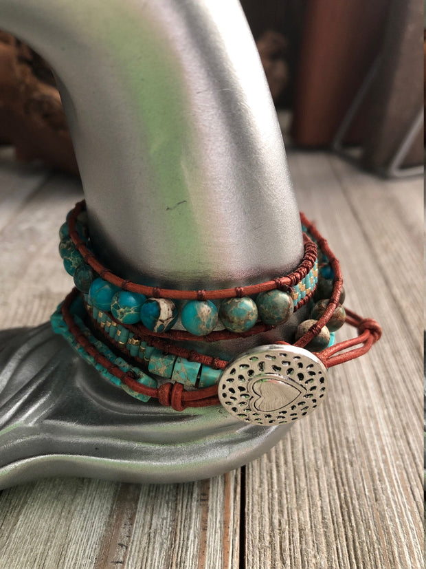 Turquoise semi precious stone 3 wrap leather bracelet,  Boho wrap bracelet, Yoga meditation bracelet, Bohemian Bracelet