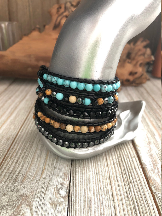 Five wrap leather bracelet, Turquoise Semi Precious Stone,  Boho wrap bracelet, Yoga meditation bracelet, Bohemian Bracelet