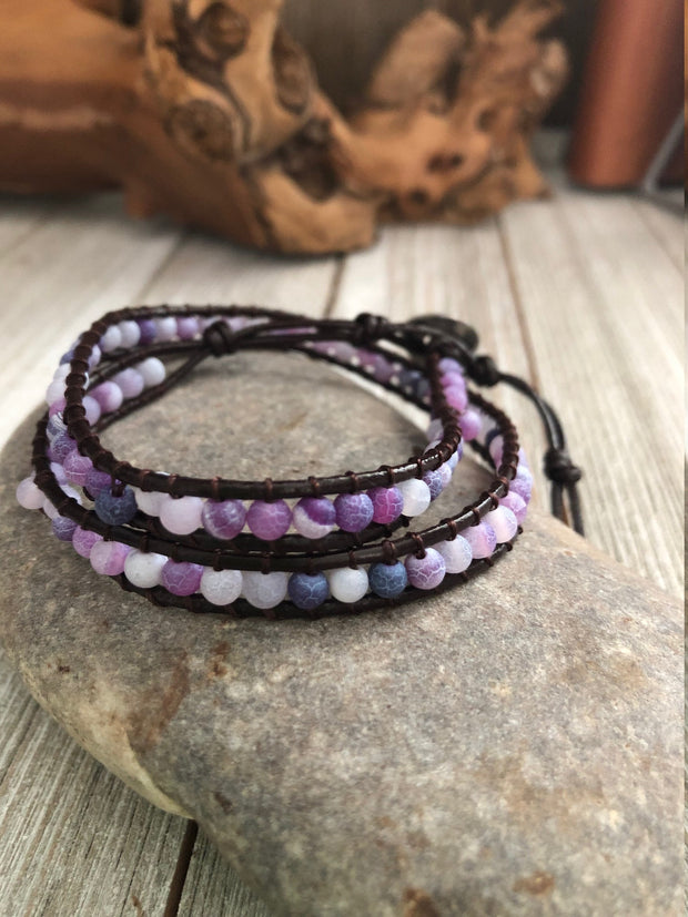 Double wrap purple pumice lava stone  Boho wrap bracelet, Yoga meditation bracelet, Bohemian Bracelet