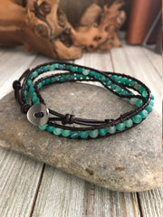 Double wrap green pumice lava stone  Boho wrap bracelet, Yoga meditation bracelet, Bohemian Bracelet
