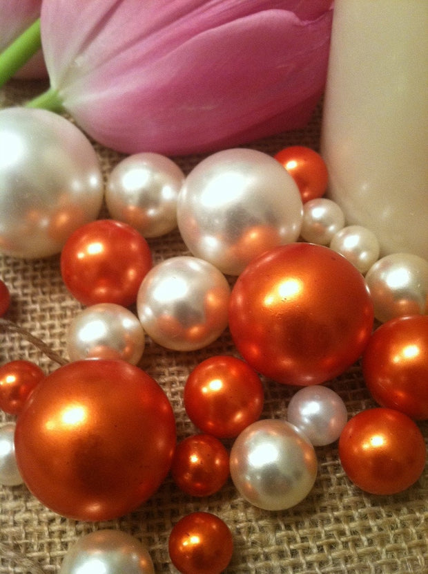 Wedding Centerpiece Vase Filler Jumbo Pearls Ivory/Coral-Orange, No Hole Pearls, Great For Scatters/Confetti