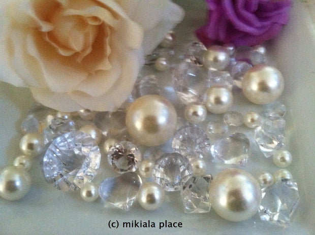 80pcs Ivory Jumbo pearls, jumbo acrylic diamonds, ice nuggets hearts mix sizes for confetti, vase fillers and candle plate decors