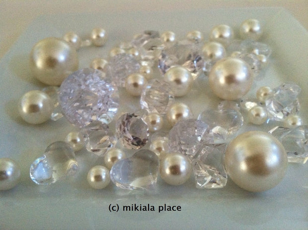 80pcs Ivory Jumbo pearls, jumbo acrylic diamonds, ice nuggets hearts mix sizes for confetti, vase fillers and candle plate decors