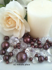 80pcs Chocolate Brown Jumbo pearls and diamonds, ice nuggets, hearts in mix sizes for confetti, vase fillers and candle plate decors