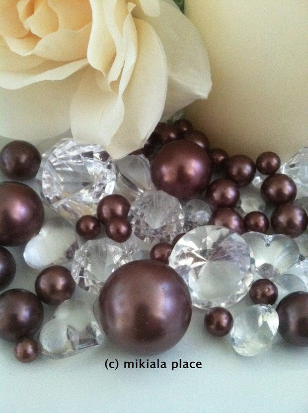 80pcs Chocolate Brown Jumbo pearls and diamonds, ice nuggets, hearts in mix sizes for confetti, vase fillers and candle plate decors