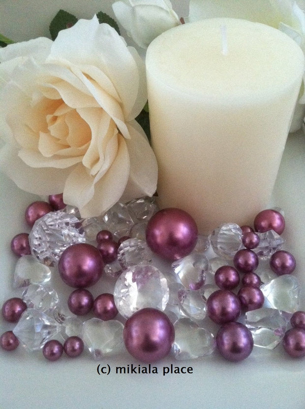 80pcs Purple Jumbo pearls and diamonds, ice nuggets, hearts in mix sizes for confetti, vase fillers and candle plate decors