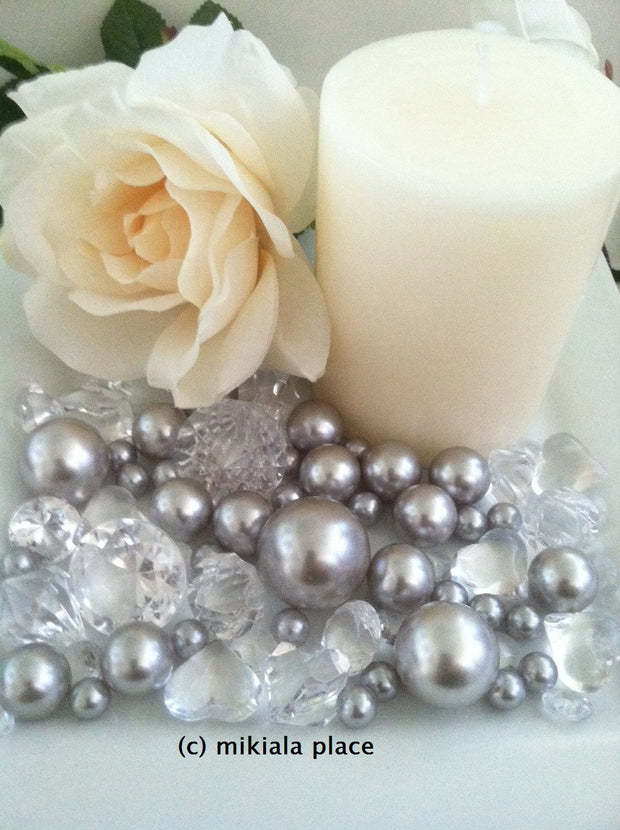 80pcs Silver Jumbo pearls and diamonds, ice nuggets, hearts in mix sizes for confetti, vase fillers and candle plate decors