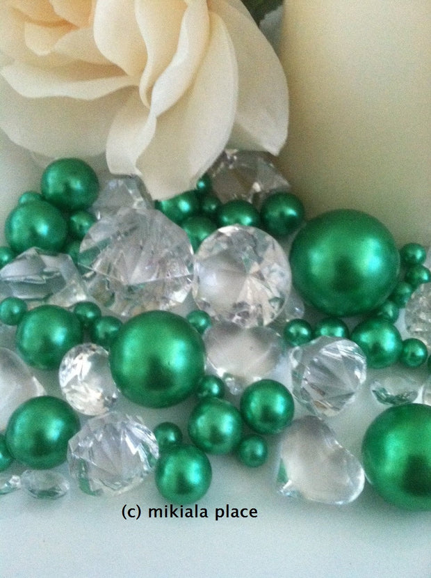 80pcs Kelly Green Jumbo pearls and diamonds, ice nuggets, hearts in mix sizes for confetti, vase fillers and candle plate decors