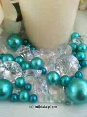 80pcs Turquoise Green Jumbo pearls and diamonds, ice nuggets, hearts in mix sizes for confetti, vase fillers and candle plate decors