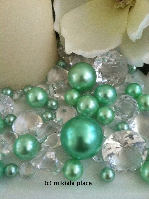 80pcs Seafoam-Mint Green Jumbo pearls and diamonds, ice nuggets, hearts in mix sizes for confetti, vase fillers and candle plate decors