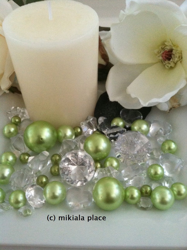 80pcs Lime Green Jumbo pearls and diamonds, ice nuggets, hearts in mix sizes for confetti, vase fillers and candle plate decors