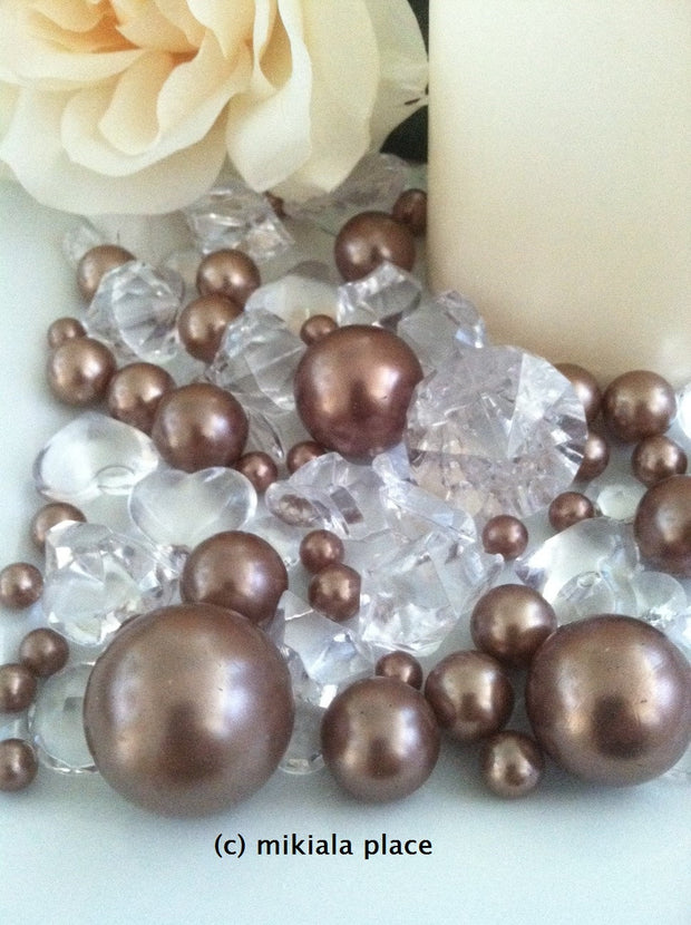 80pcs Light Brown Jumbo pearls and diamonds, ice nuggets, hearts in mix sizes for confetti, vase fillers and candle plate decors