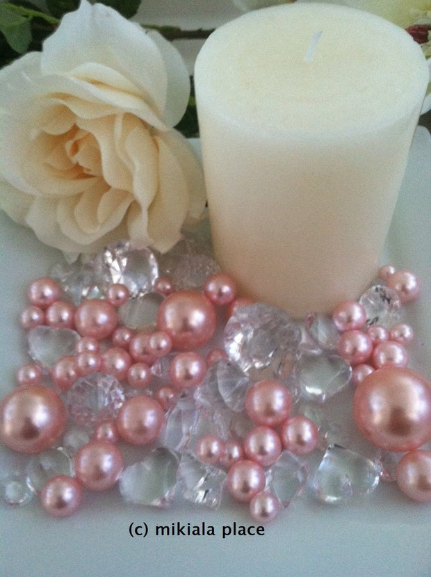 80pcs Light Pink Jumbo pearls and diamonds, ice nuggets, hearts in mix sizes for confetti, vase fillers and candle plate decors