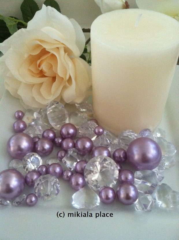 80pcs Lilac-Lavendar Jumbo pearls and diamonds, ice nuggets, hearts in mix sizes for confetti, vase fillers and candle plate decors