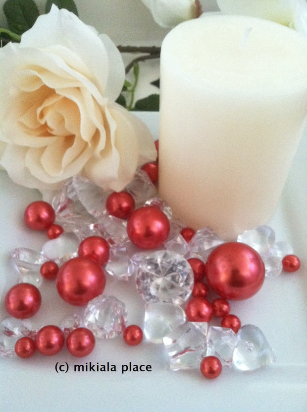 80pcs Red Jumbo pearls and diamonds, ice nuggets, hearts in mix sizes for confetti, vase fillers and candle plate decors