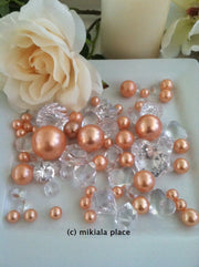 80pcs Coral-Peach Jumbo pearls and diamonds, ice nuggets, hearts in mix sizes for confetti, vase fillers and candle plate decors