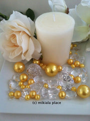80pcs Gold Jumbo pearls and diamonds, ice nuggets, hearts in mix sizes for confetti, vase fillers and candle plate decors