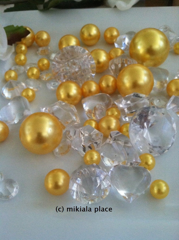 80pcs Gold Jumbo pearls and diamonds, ice nuggets, hearts in mix sizes for confetti, vase fillers and candle plate decors
