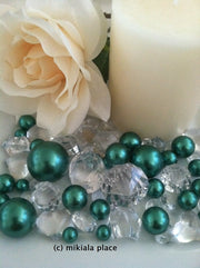 80pcs Green Jumbo pearls and diamonds, ice nuggets, hearts in mix sizes for confetti, vase fillers and candle plate decors
