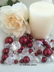 80pcs Cranberry Red Jumbo pearls and diamonds, ice nuggets, hearts in mix sizes for confetti, vase fillers and candle plate decors