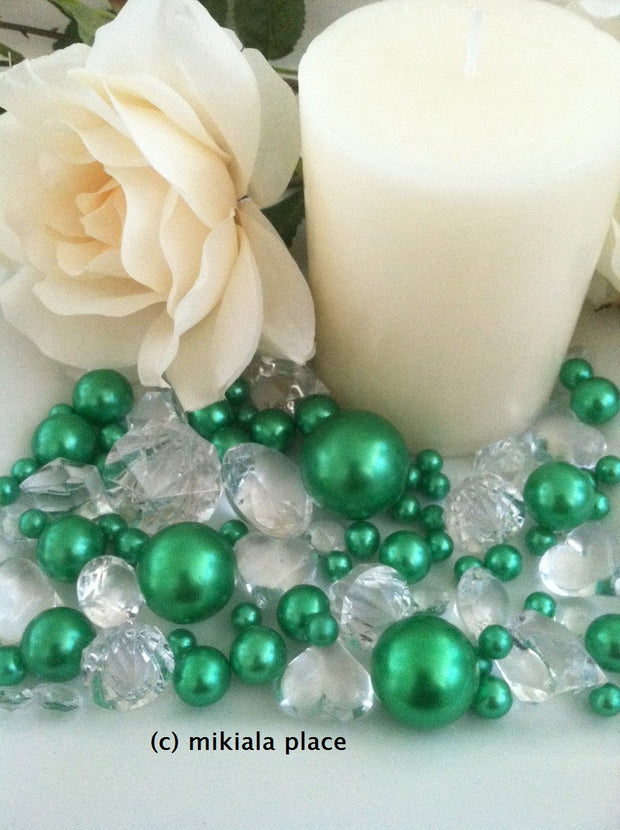 80pcs Kelly Green Jumbo pearls and diamonds, ice nuggets, hearts in mix sizes for confetti, vase fillers and candle plate decors