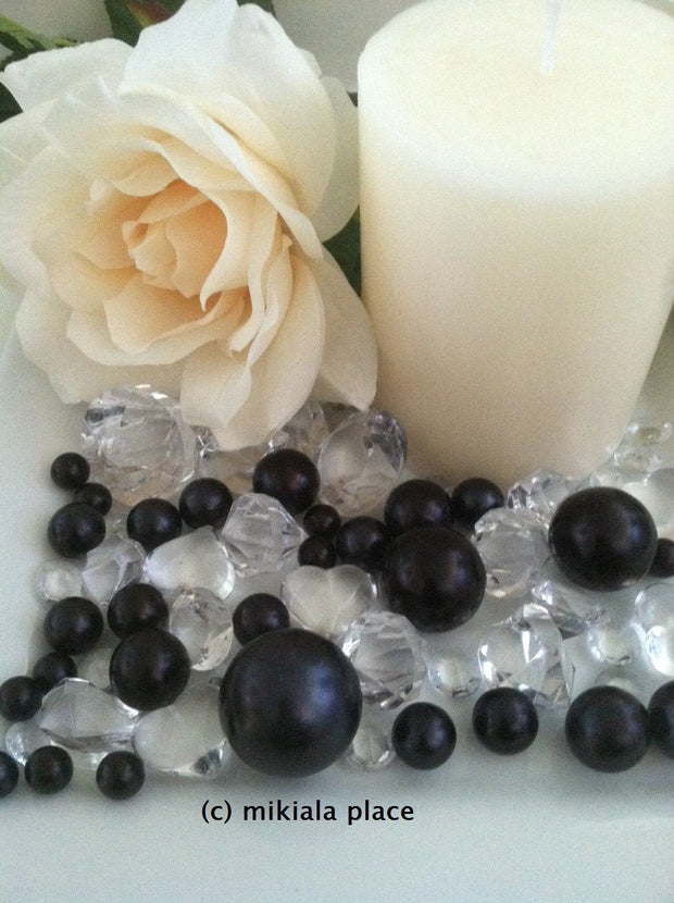 80pcs Black Jumbo pearls and diamonds, ice nuggets, hearts in mix sizes for confetti, vase fillers and candle plate decors