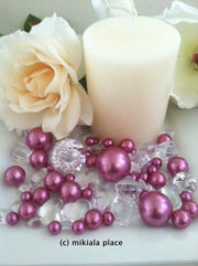 80pcs Orchid Purple Jumbo pearls and diamonds, ice nuggets, hearts in mix sizes for confetti, vase fillers and candle plate decors