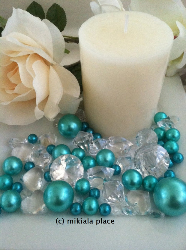 80pcs Turquoise Green Jumbo pearls and diamonds, ice nuggets, hearts in mix sizes for confetti, vase fillers and candle plate decors