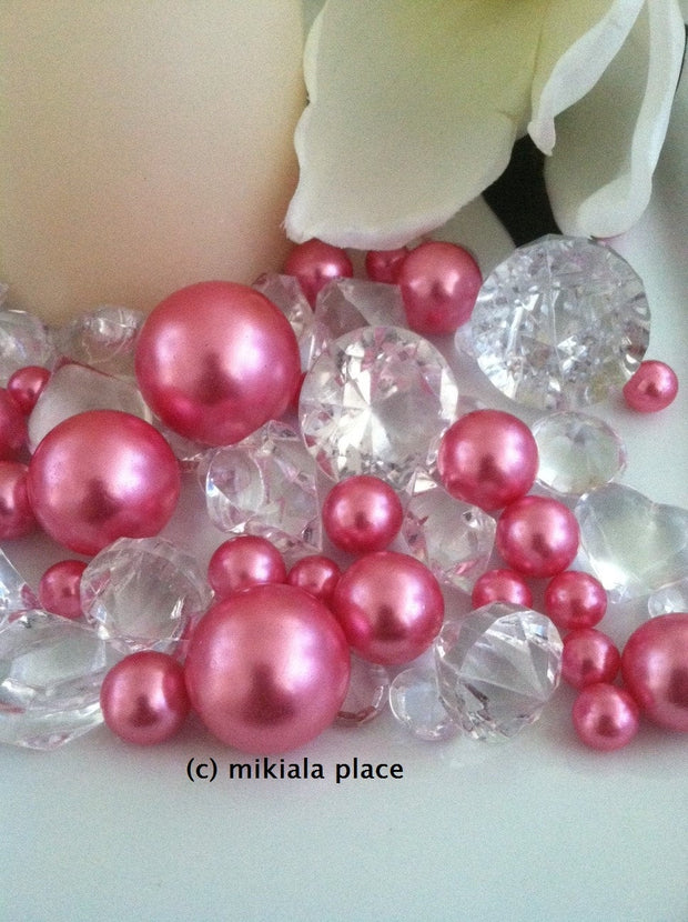 80pcs Hot Pink Jumbo pearls and diamonds, ice nuggets, hearts in mix sizes for confetti, vase fillers and candle plate decors