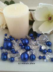 80pcs Royal Blue Jumbo pearls and diamonds, ice nuggets, hearts in mix sizes for confetti, vase fillers and candle plate decors