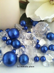 80pcs Royal Blue Jumbo pearls and diamonds, ice nuggets, hearts in mix sizes for confetti, vase fillers and candle plate decors