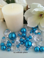 80pcs Teal Blue Jumbo pearls and diamonds, ice nuggets, hearts in mix sizes for confetti, vase fillers and candle plate decors