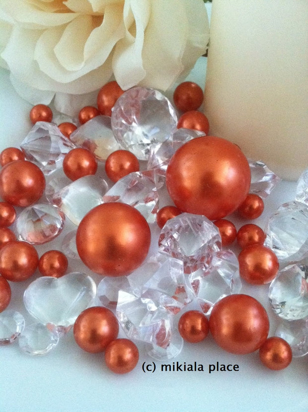 80pcs Coral Orange Jumbo pearls and diamonds, ice nuggets, hearts in mix sizes for confetti, vase fillers and candle plate decors
