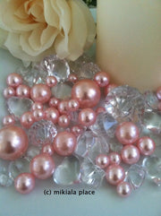 80pcs Light Pink Jumbo pearls and diamonds, ice nuggets, hearts in mix sizes for confetti, vase fillers and candle plate decors