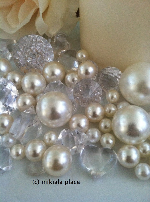 80pcs Ivory Jumbo pearls and diamonds, ice nuggets, hearts in mix sizes for confetti, vase fillers and candle plate decors