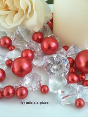 80pcs Red Jumbo pearls and diamonds, ice nuggets, hearts in mix sizes for confetti, vase fillers and candle plate decors