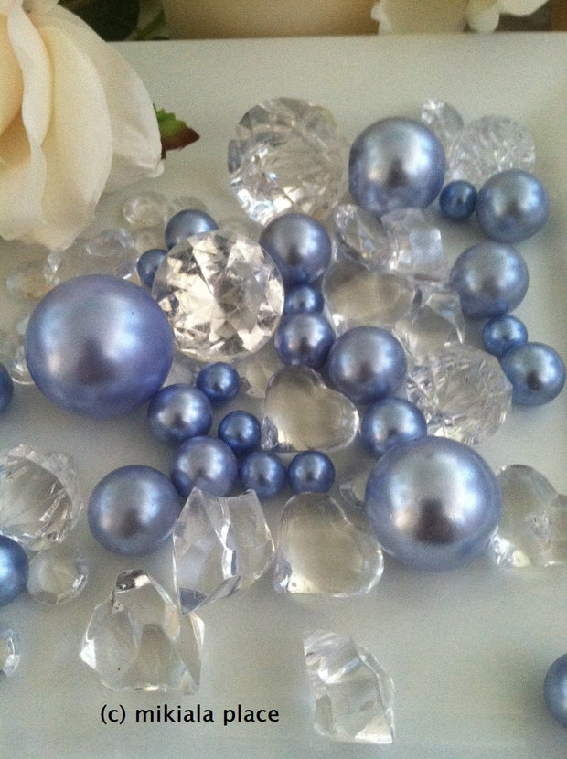 80pcs Light Blue-Purple Blend Jumbo pearls and diamonds, ice nuggets, hearts in mix sizes for confetti, vase fillers and candle plate decors