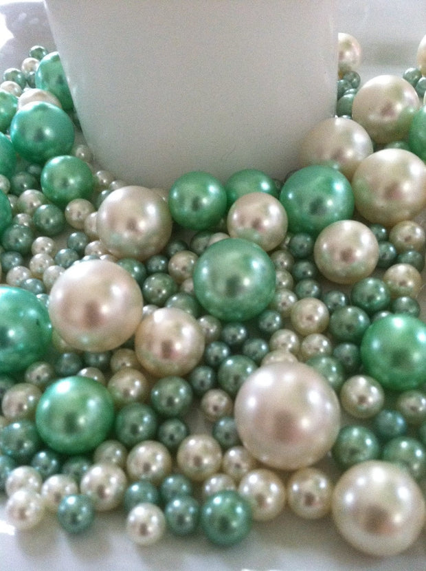 375 Pcs Ivory/Seafoam Green Beads No Holes (Mix 18mm, 14mm, 8mm, 6mm) For Vase Fillers, Centerpieces
