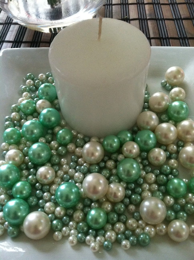 375 Pcs Ivory/Seafoam Green Beads No Holes (Mix 18mm, 14mm, 8mm, 6mm) For Vase Fillers, Centerpieces