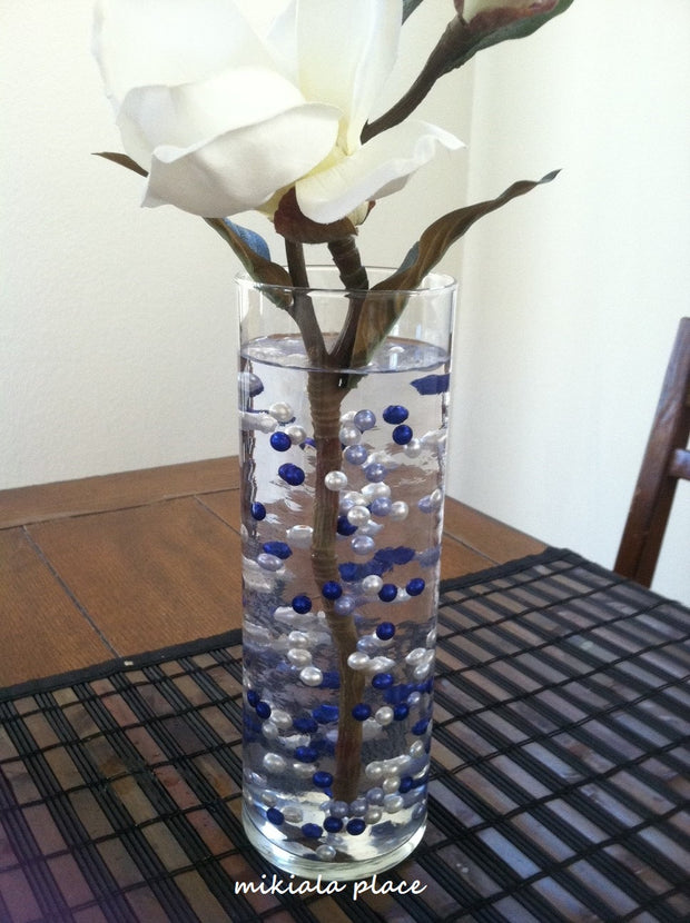 300 Pc 8mm Pearls No Holes "Floating Pearl Illusion" Vase Fillers navy blue, light blue and white pearl mix