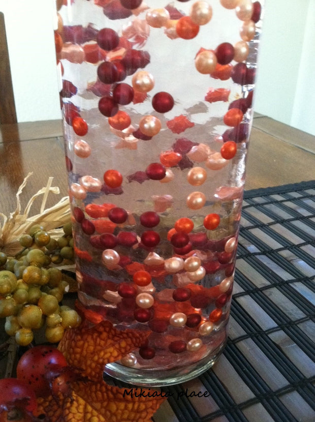 300 Pc 8mm Pearls No Holes "Floating Pearl Illusion" Vase Fillers Fall Mix (orange, burgundy, light coral)