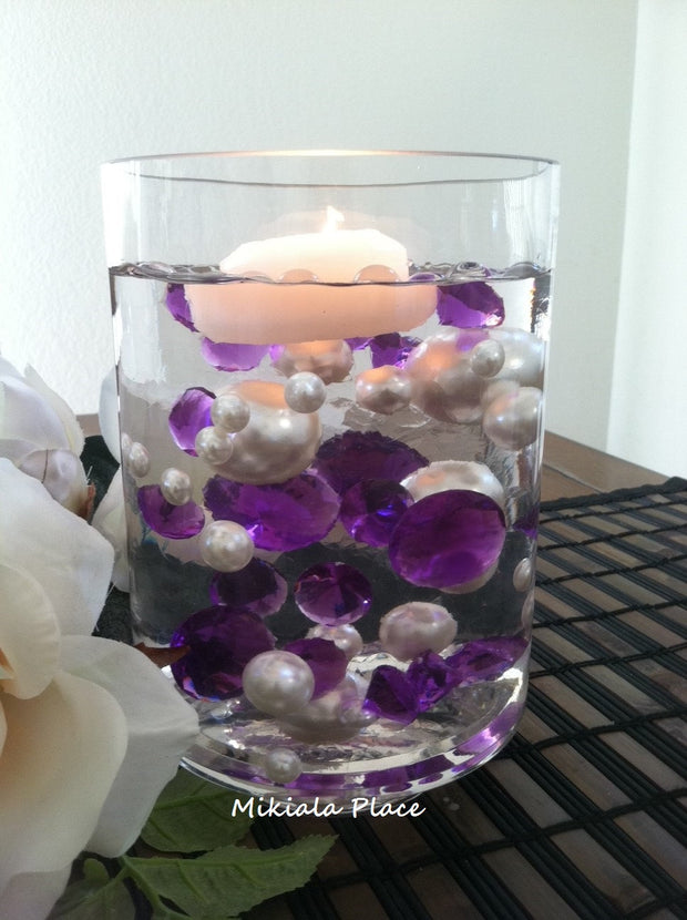 DIY 50pc Floating Jumbo Diamond & Jumbo Pearl Vase Fillers Assorted Size Purple Diamond, Ivory Pearl Mixes