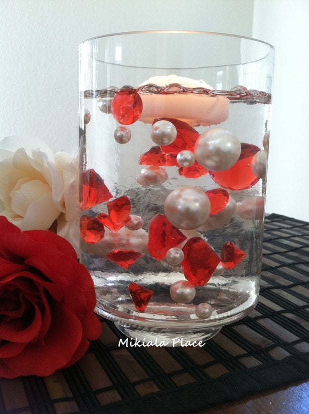 DIY 50pc Floating Jumbo Diamond & Jumbo Pearl Vase Fillers Assorted Size Red Diamond, Ivory Pearl Mixes