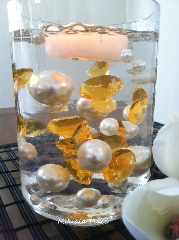 DIY 50pc Floating Jumbo Diamond & Jumbo Pearl Vase Fillers Assorted Size Gold Diamond, Ivory Pearl Mixes