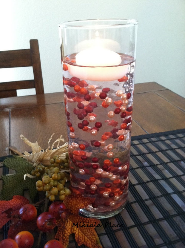300 Pc 8mm Pearls No Holes "Floating Pearl Illusion" Vase Fillers Fall Mix (orange, burgundy, light coral)